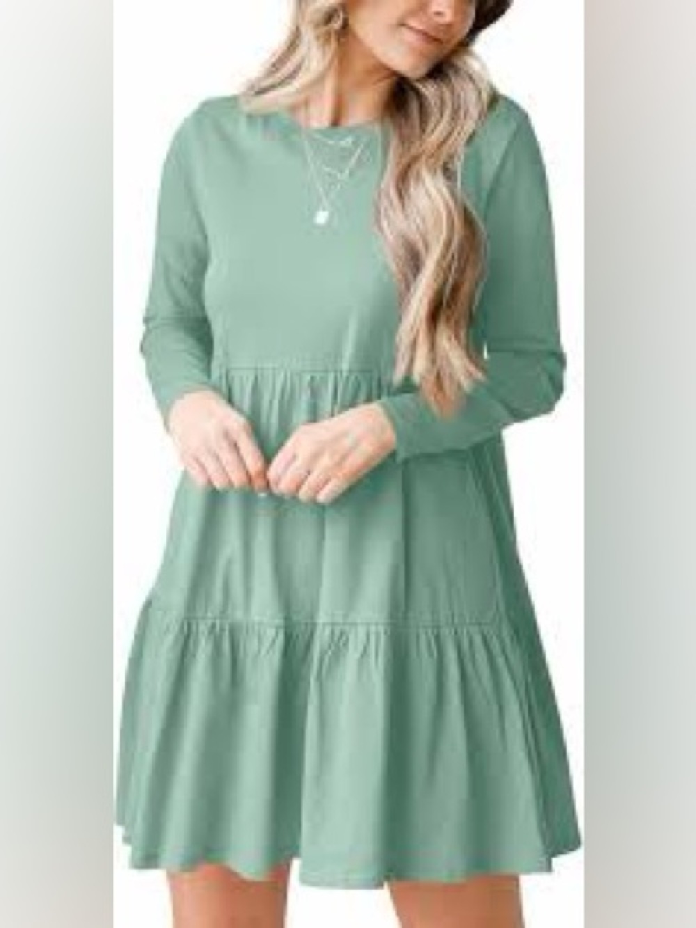 love, Fire Mint Green Long Sleeve Tiered Babydoll Dress
